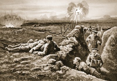 Lance-Corporal Tombs dragging back a severely wounded man by means of a rifle-sling placed around his own neck and the man